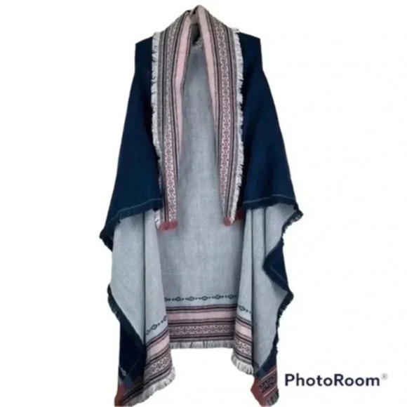 Marc New York Blue Long Line Aztec Blanket Open Front Sweater Fringe Shaw - Picture 1 of 11